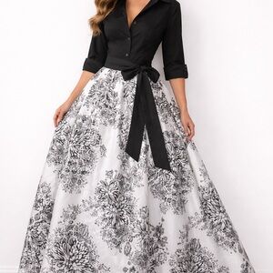Teri Jon Black and White Floral Long Sleeve Dress with shiny rhinestones